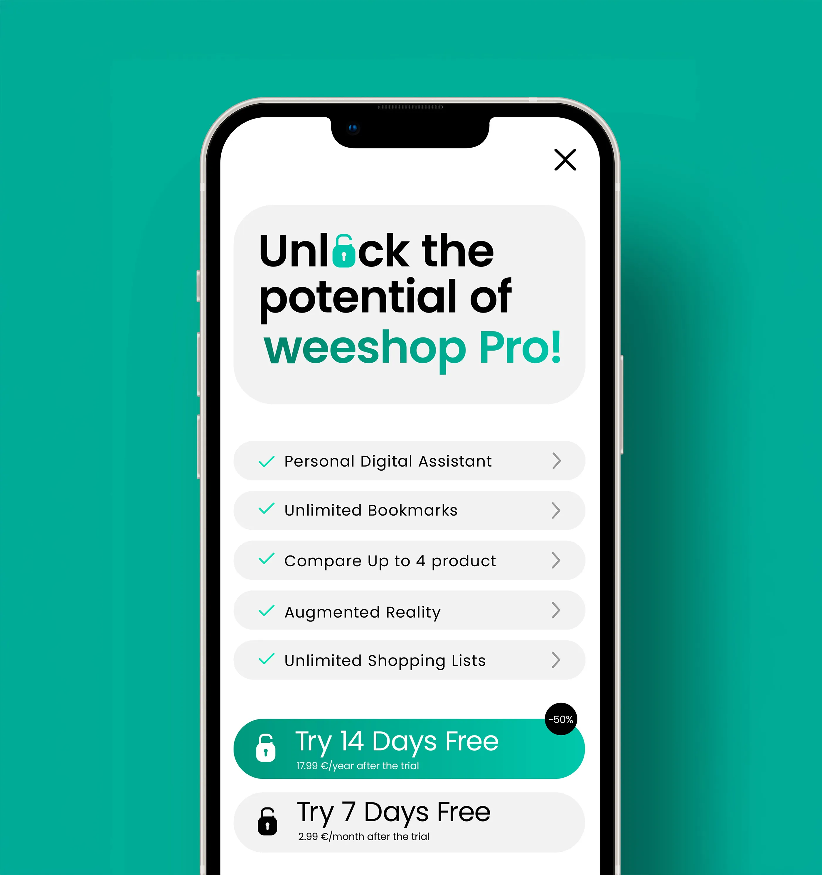 Smartphone screen showing a subscription upgrade offer for Weeshop Pro with features including Personal Digital Assistant, Unlimited Bookmarks, Compare Up to 4 products, Augmented Reality, and Unlimited Shopping Lists, offering a 14-day free trial then 17.99 euros/year or a 7-day free trial then 2.99 euros/month.