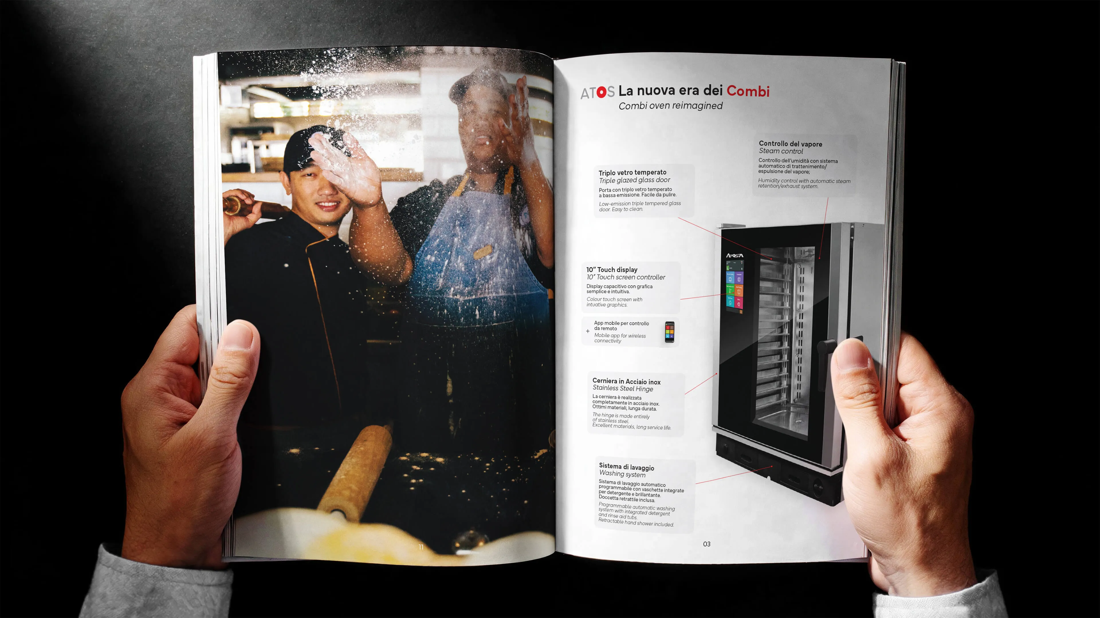 Open catalogue held by two hands showing a bakery scene on the left page with two bakers and flour dust, and on the right page a product page for a combi oven with features like triple glazed glass door, 10-inch touch display, stainless steel hinge, steam control, and washing system.