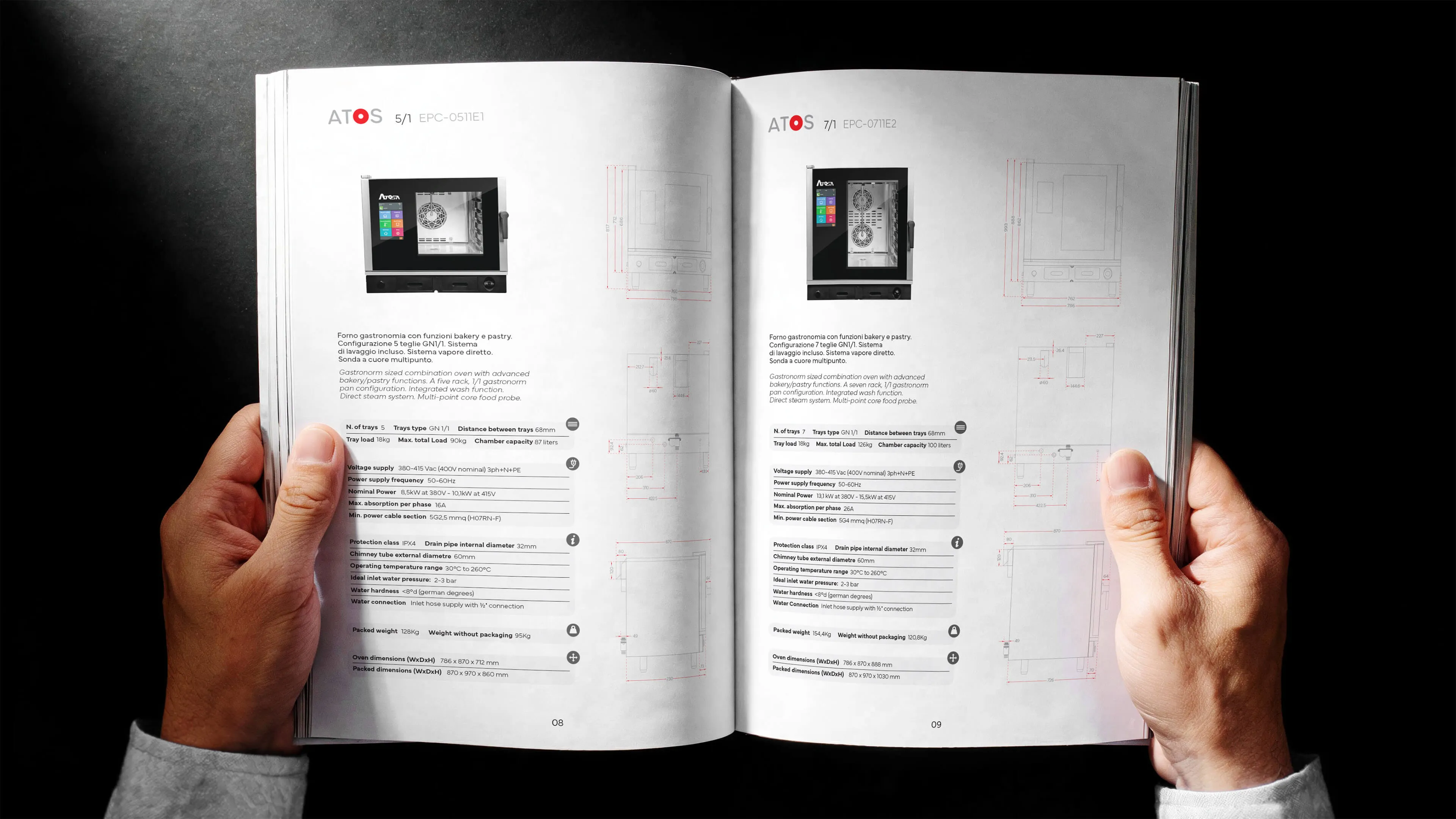 Open catalogue held by two hands showing technical specifications and images of two Atosa bakery and pastry ovens, models 5/1 EPC-0511E1 and 7/1 EPC-0711E2, including features, dimensions, power supply, and water connection details.