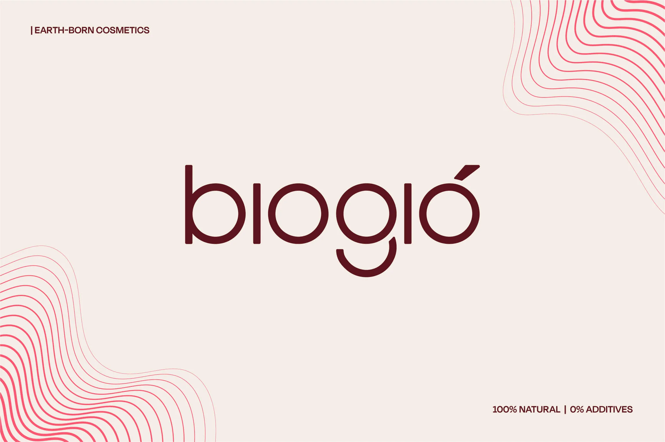 Logo for Biogió, an Earth-born cosmetics brand, featuring the name in stylish lowercase letters with curved lines in red and text stating '100% natural | 0% additives' on a light background.