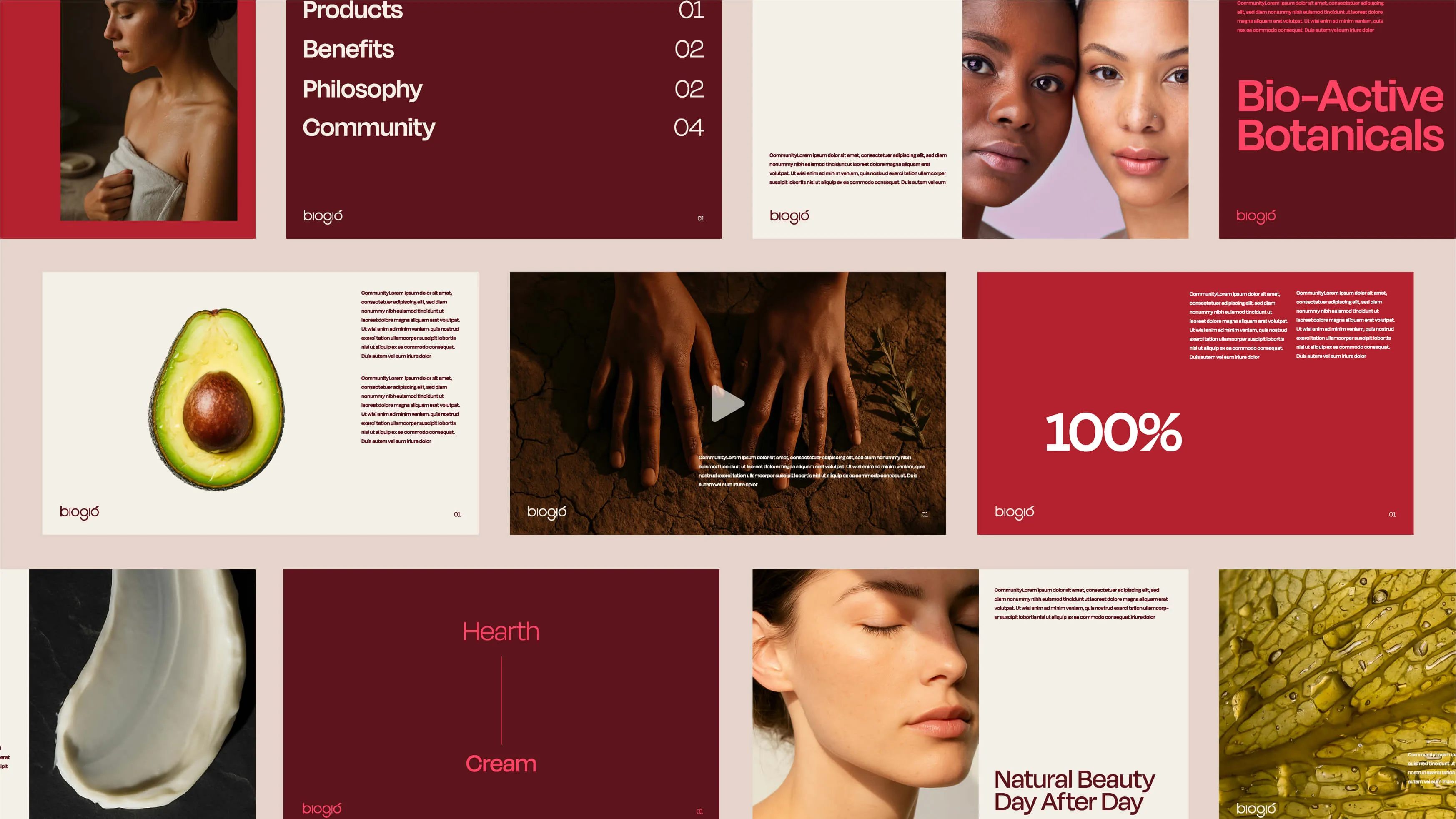 Grid collage of beauty and skincare themed images and text panels including a woman with towel, avocado half, hands on soil, two women faces close up, skincare cream smear, woman with closed eyes, and a close-up of textured green leaves, with text phrases like 'Bio-Active Botanicals,' '100%,' 'Natural Beauty Day After Day,' and 'Hearth Cream' on burgundy and cream backgrounds.