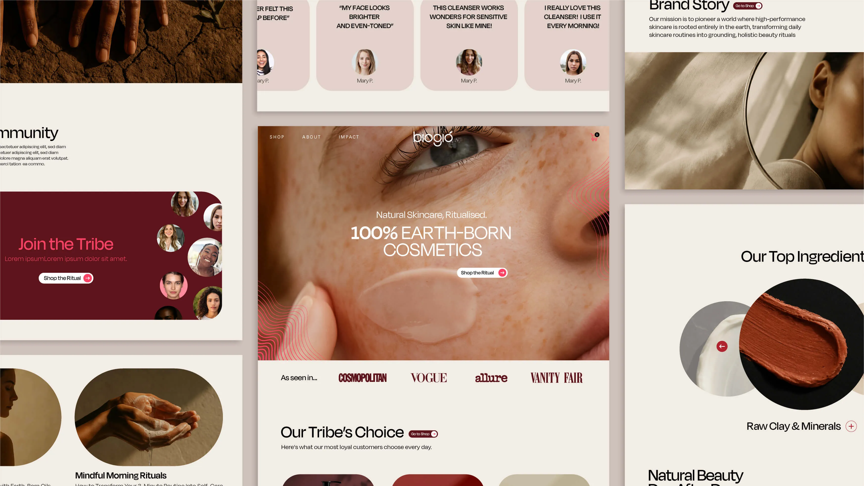 Close-up of a person's freckled face with a translucent patch on their cheek, promoting 100% earth-born cosmetics with text about natural skincare and a button to shop, surrounded by various skincare and brand story webpage sections.