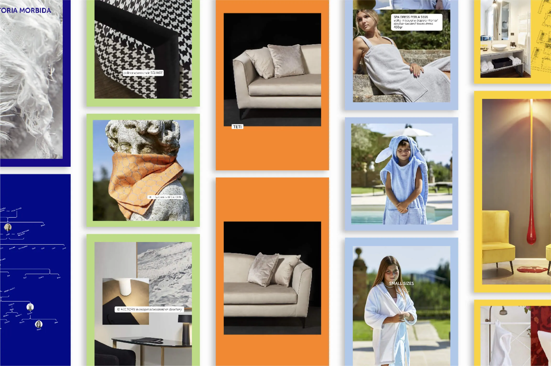 Collage of images including two beige sofas with cushions on orange backgrounds, a stone statue wearing an orange scarf, a black and white houndstooth patterned chair corner, a modern living room with black furniture, children dressed in blue and white bathrobes near a pool, a woman in a white bathrobe outdoors, and a yellow chair with a tall red light fixture in a contemporary interior.