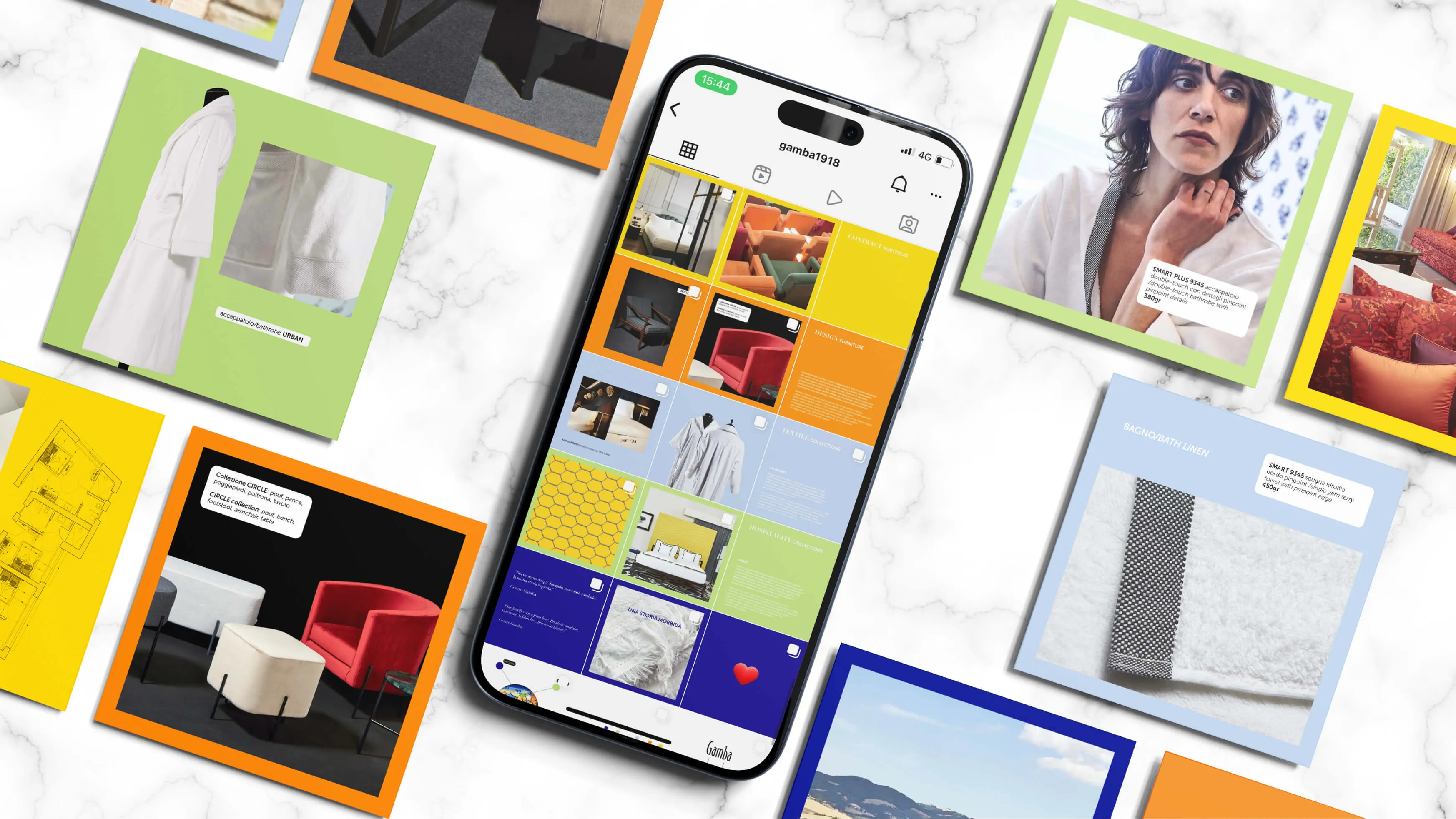Smartphone displaying an Instagram profile with a colorful grid layout featuring interior design and fashion items, surrounded by square images of furniture, textiles, and a person on a marble surface background.