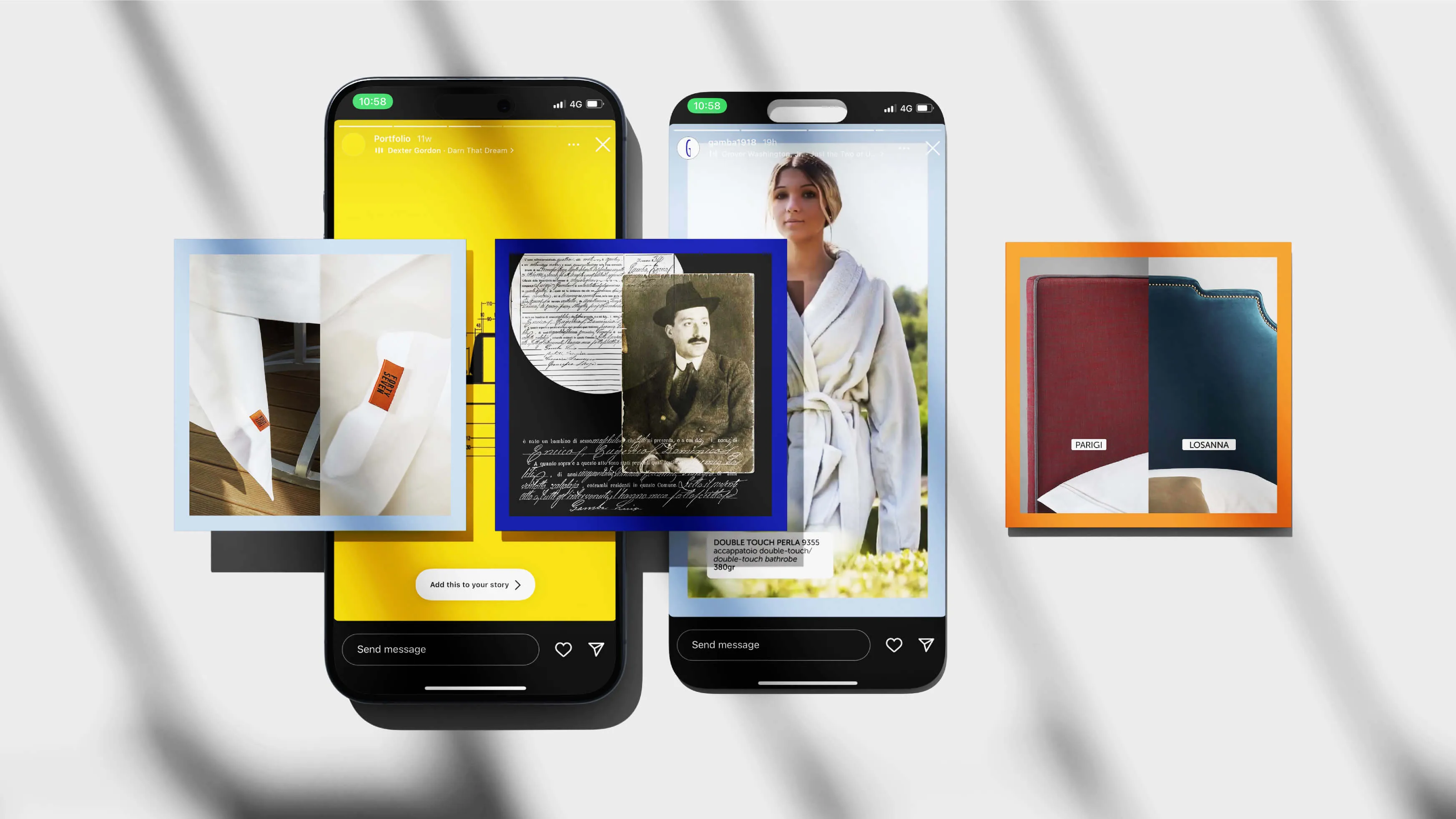 Two smartphones side by side on a gray surface casting shadows; the left phone screen shows a yellow background with a music player and an Instagram story interface, the right phone screen shows a woman in a white bathrobe outdoors with text about a double-touch bathrobe. Overlaid are three square frames: on the left, close-up of white fabric with an orange tag; in the center, a vintage black and white photo of a man with handwritten text; on the right, two joining colored headboards labeled 'PARIGI' and 'LOSANNA.'