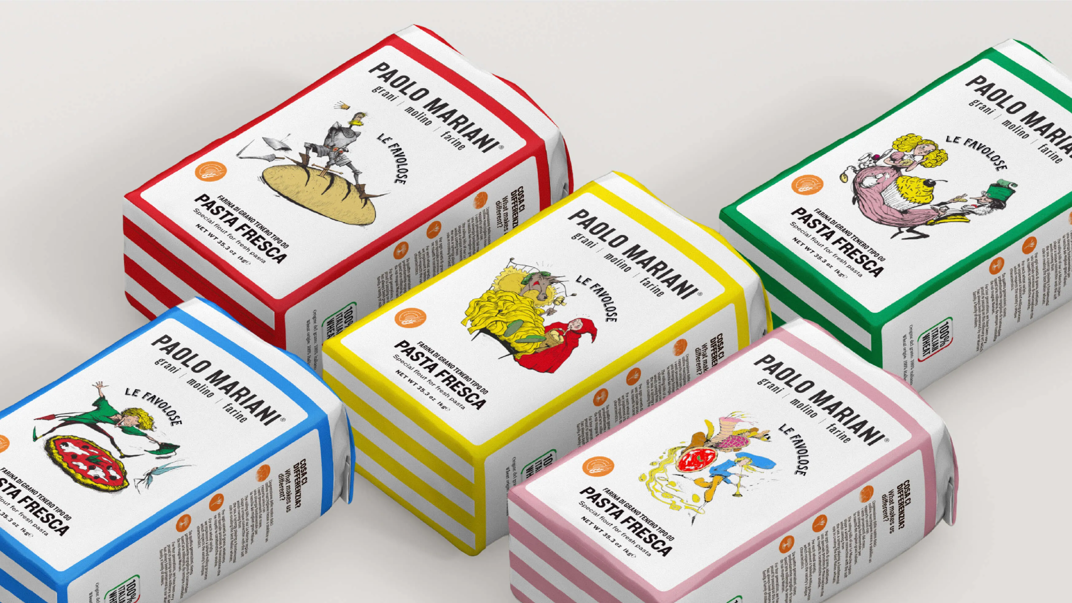 Five Paolo Mariani Pasta Fresca flour packages with colorful striped borders in red, yellow, green, blue, and pink; each package features a unique cartoon illustration and the text 'PAOLO MARIANI grani molino farine LE FAVOLOSE PASTA FRESCA Special flour for fresh pasta'.