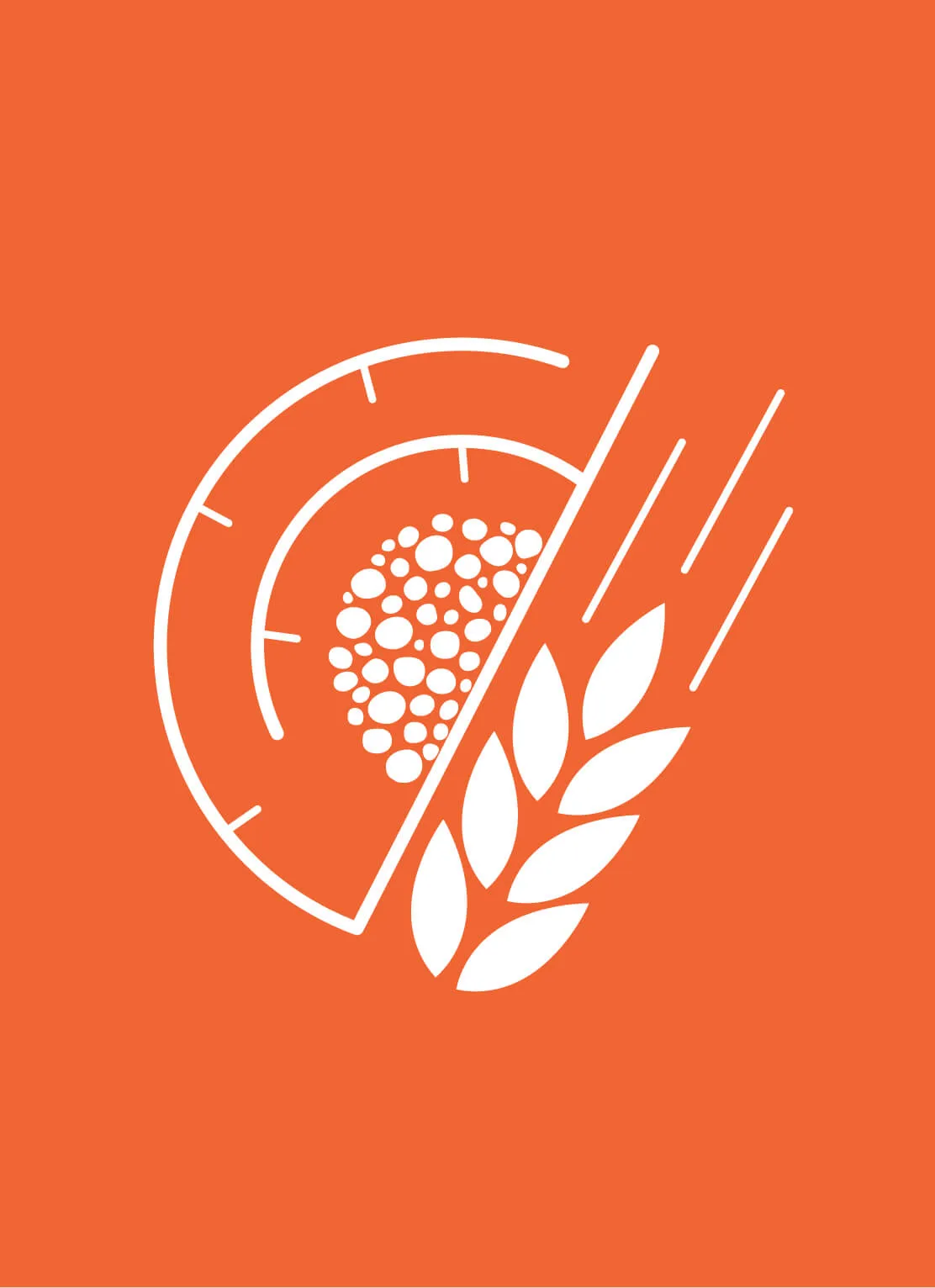 White graphic on orange background showing a stylized cross-section of a grain on the left with circular seeds and a wheat stalk with speed lines on the right.
