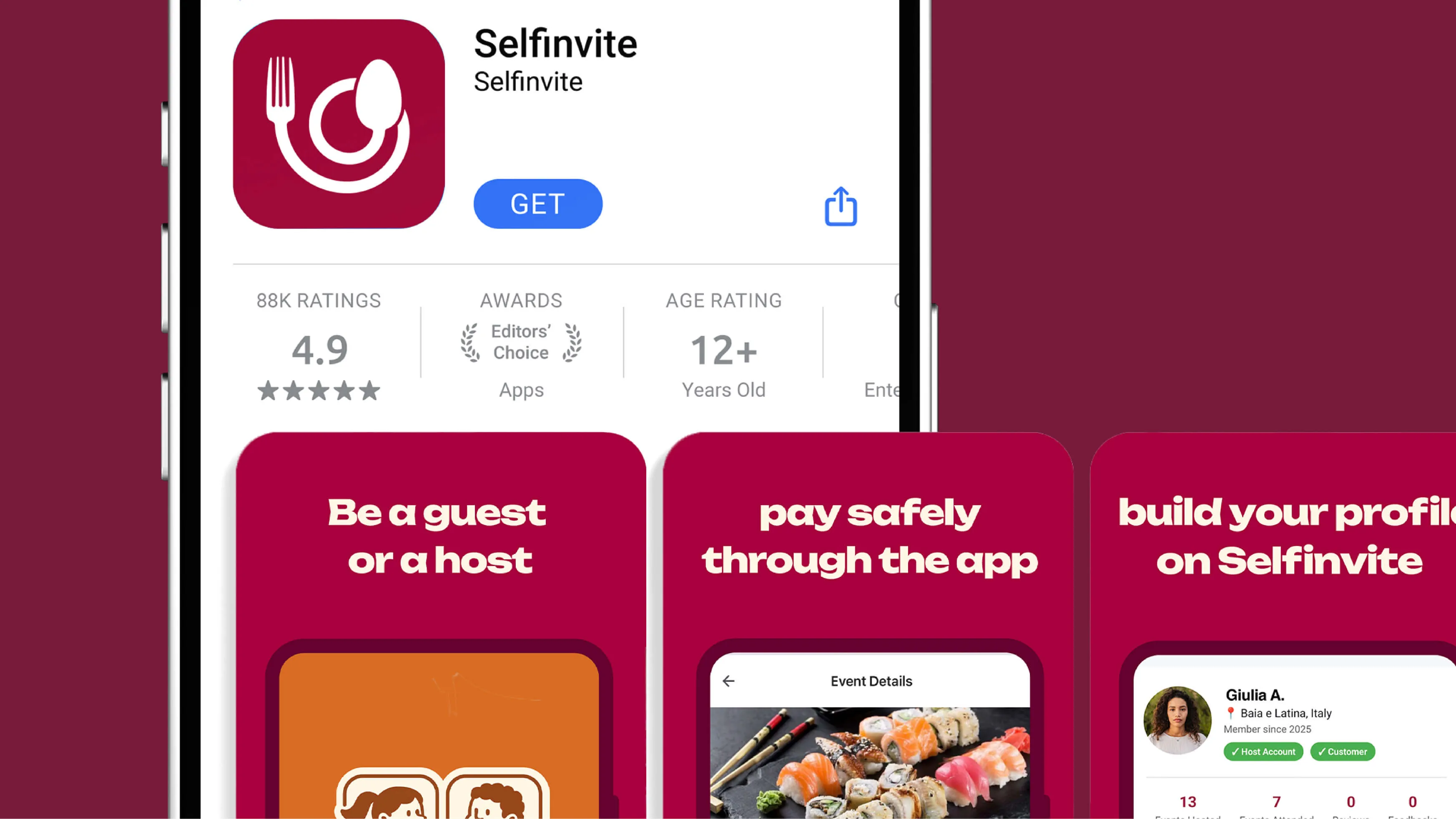 Screenshot of Selfinvite app page showing its icon with a fork, spoon, and plate, a 4.9-star rating from 88K reviews, and 12+ age rating, with app features including being a guest or host, paying safely through the app, and building a profile.