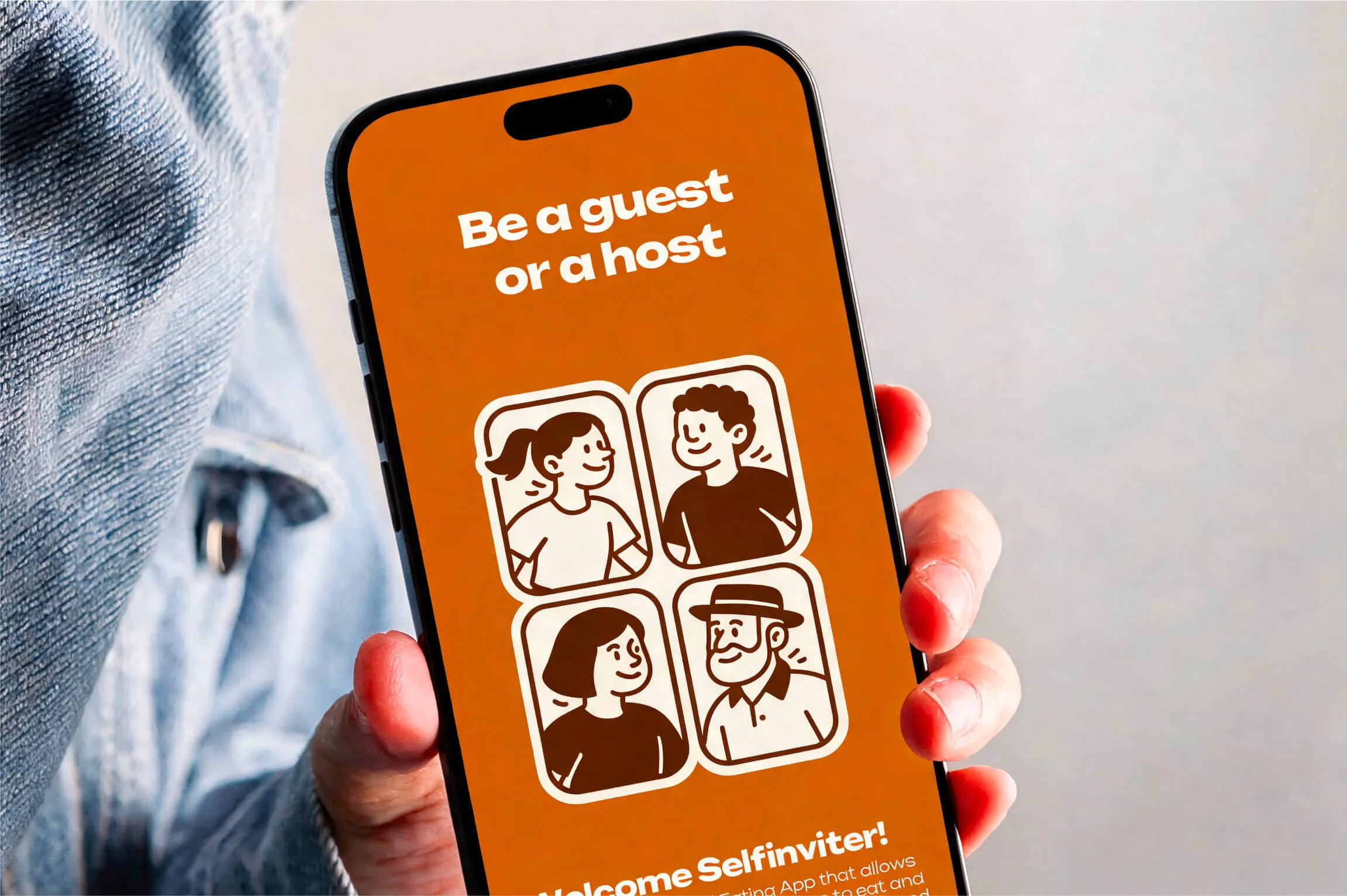 Hand holding smartphone showing an orange screen with the text 'Be a guest or a host' and cartoon avatars of four diverse people in two rows, two columns.