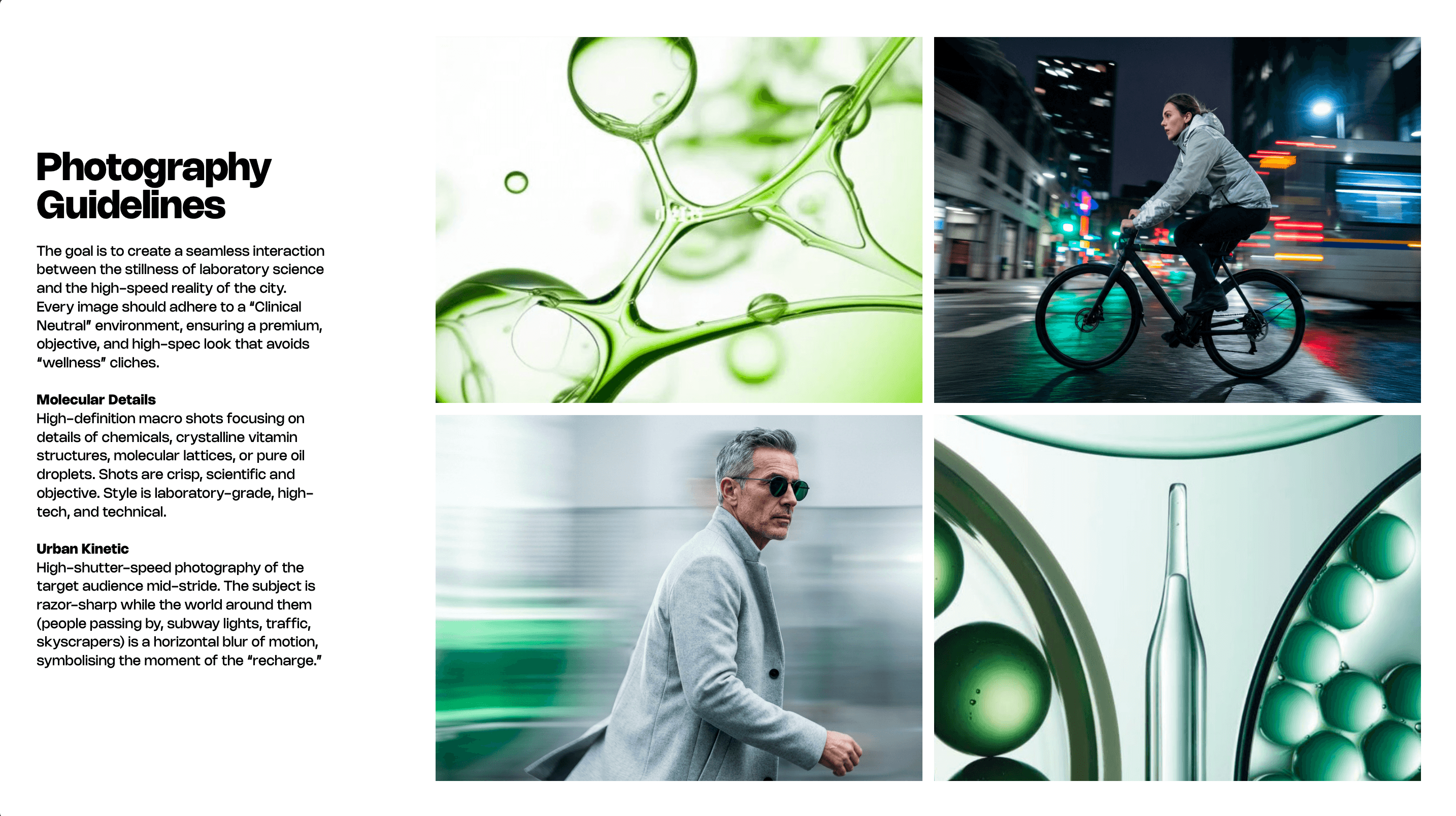 Photography guidelines text next to four images: top left is a green molecular structure close-up, top right shows a woman riding a bike at night in a city with blurred lights, bottom left features a man in a gray coat walking briskly with a motion blur background in an urban setting, bottom right is a high-definition macro shot of green droplets and a transparent vial on a light surface.