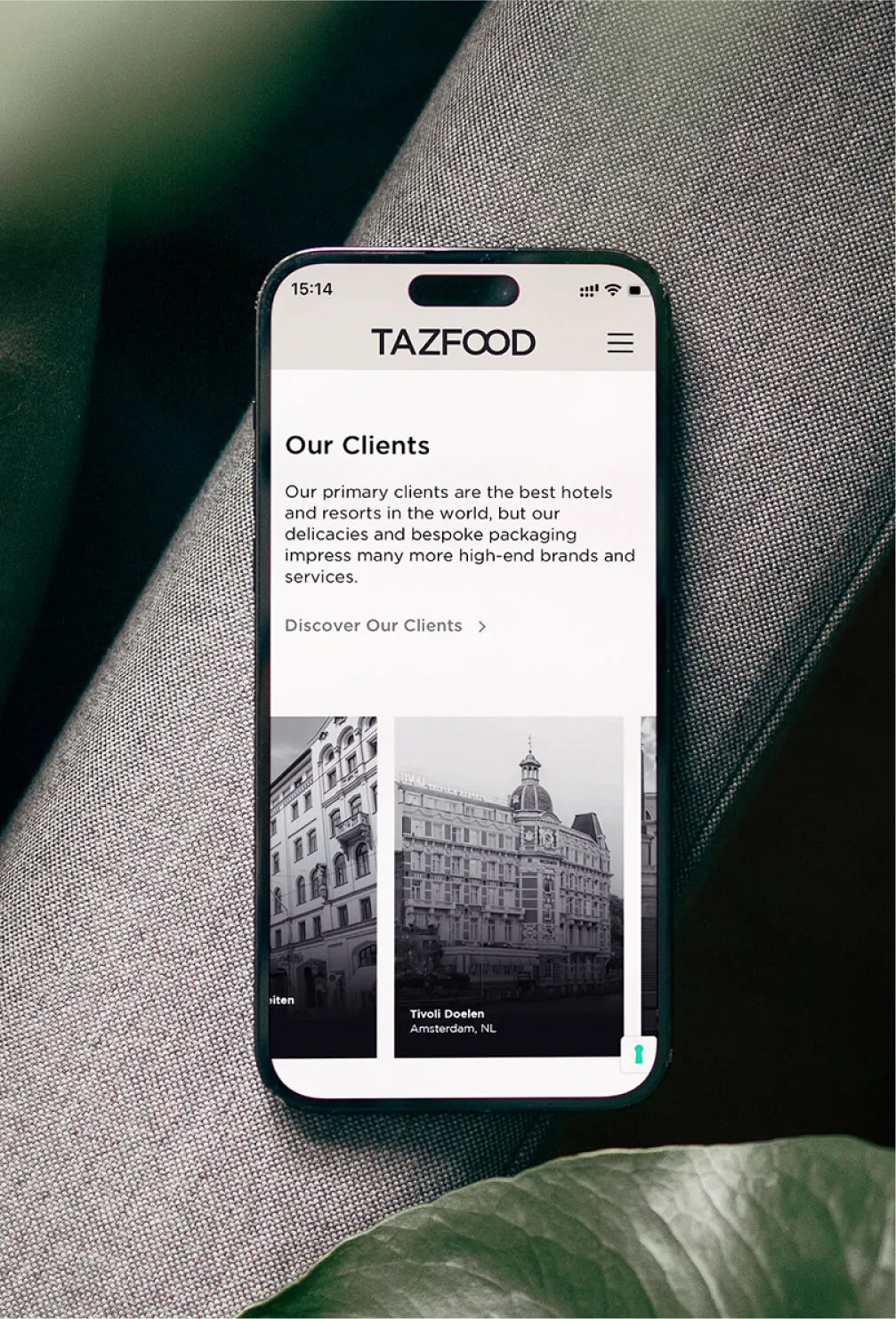 Smartphone displaying TAZFOOD website section titled Our Clients, describing primary clients as top hotels and resorts, with images of hotel buildings.
