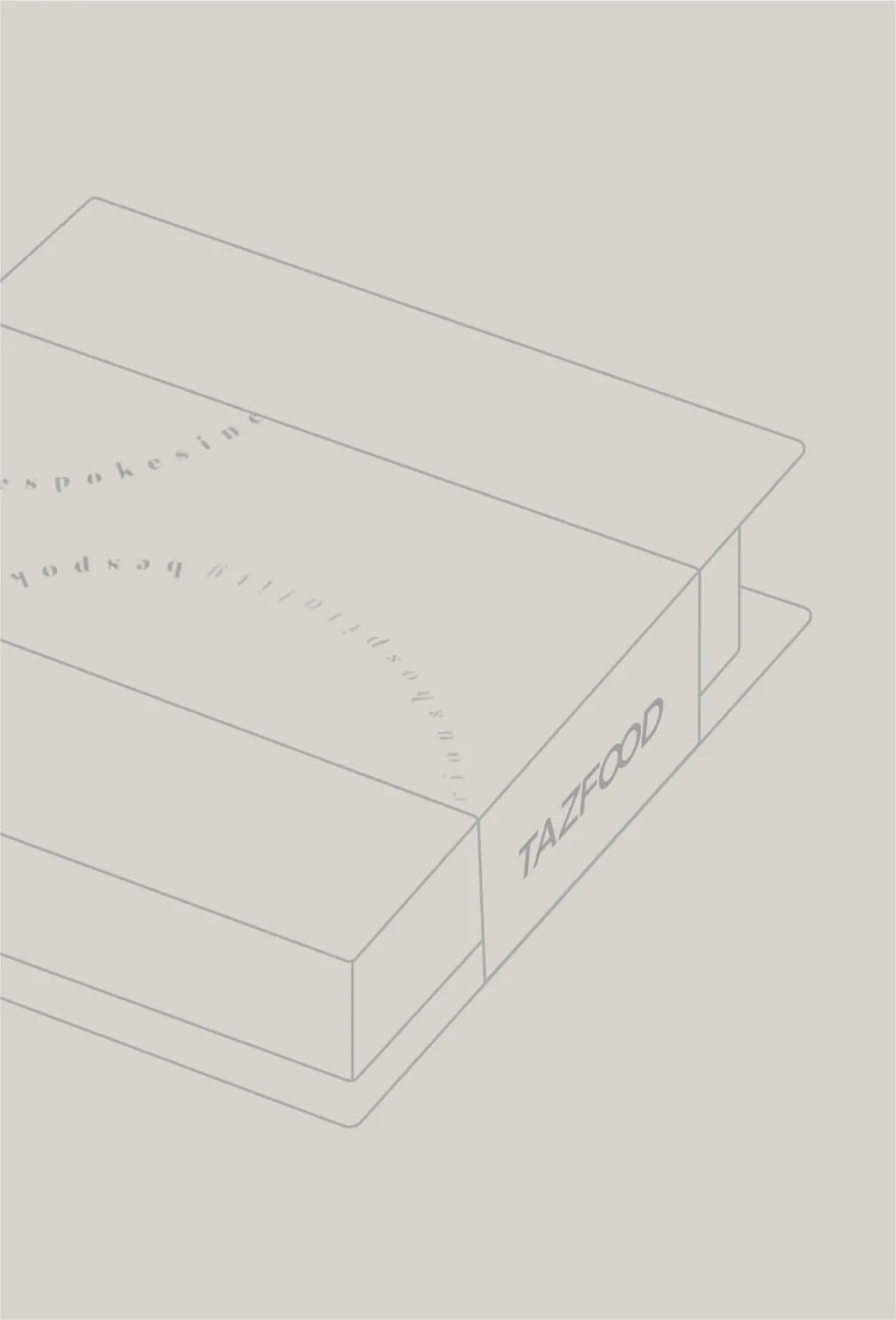 Minimalist illustration of a rectangular packaging with a sleeve labeled 'TAZFOOD' on a beige background.