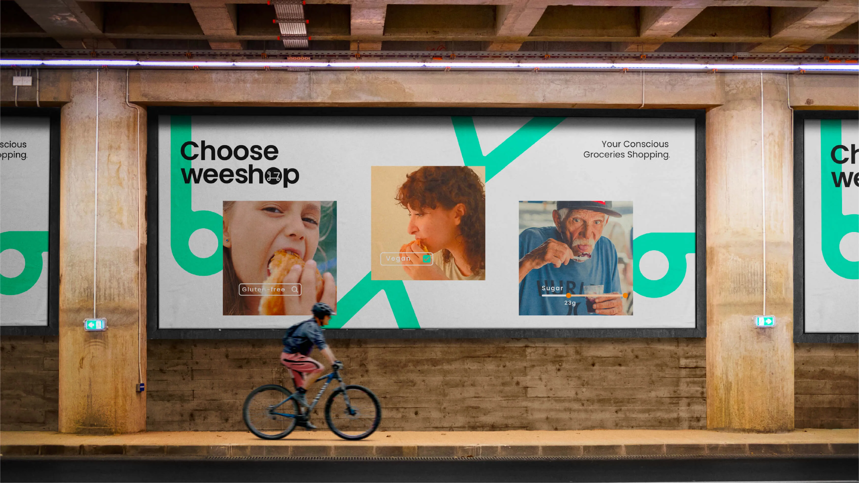 Billboard in an urban tunnel advertising aWeeshop with images of people eating: a child eating a gluten-free croissant, a woman eating vegan bread, and an elderly man eating a sugar-labeled beverage, set against a background with green graphic elements and the phrase 'Your Conscious Groceries Shopping.'