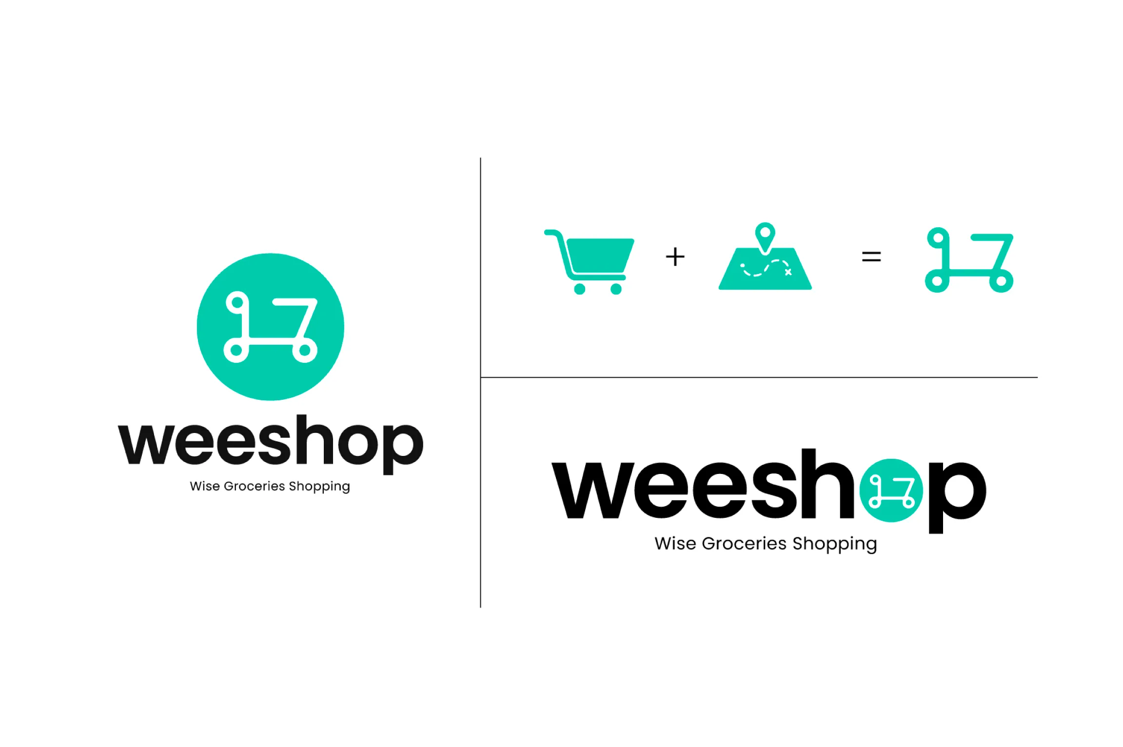 Logo design for 'weeshop' with a turquoise circular icon combining a shopping cart and a location map symbol, representing wise grocery shopping, shown standalone and integrated within the word 'weeshop'.