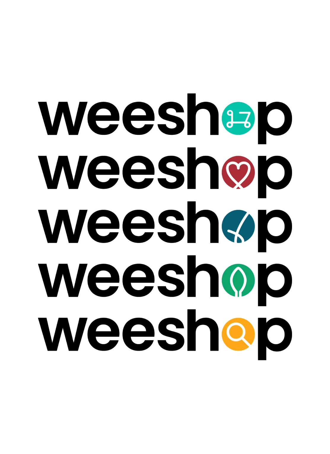 The word 'weeshop' repeated five times in black lowercase letters, each with a different colored circle replacing the 'o': teal with a circuit-like symbol, red with a heart loop symbol, dark blue with a leaf vein design, green with a whole leaf symbol, and orange with a magnifying glass symbol.