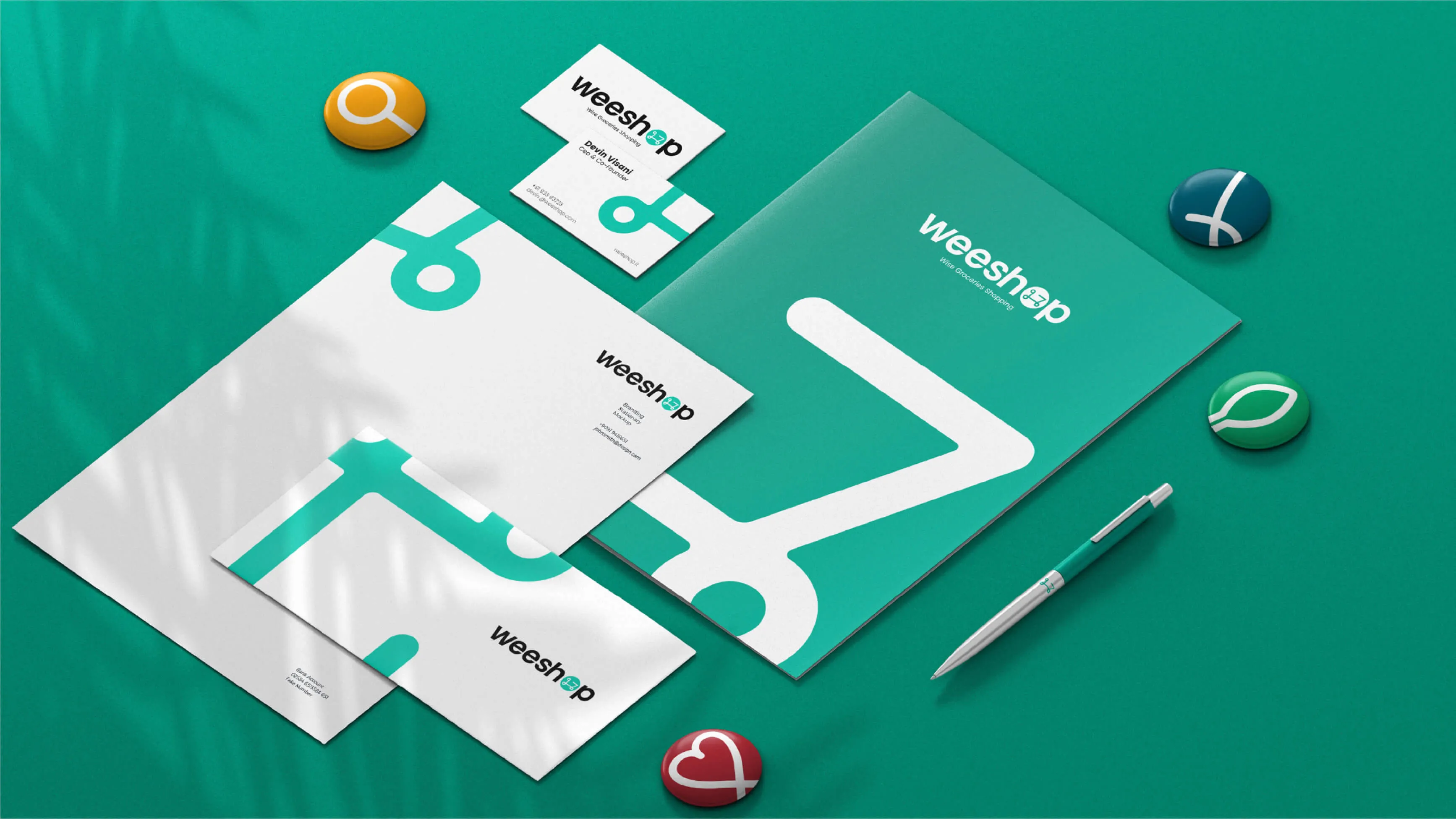 Corporate stationery set on a teal background featuring a folder, letterhead, business cards, an envelope, and pen with the Weeshop logo and teal design elements, surrounded by colorful branded pins.