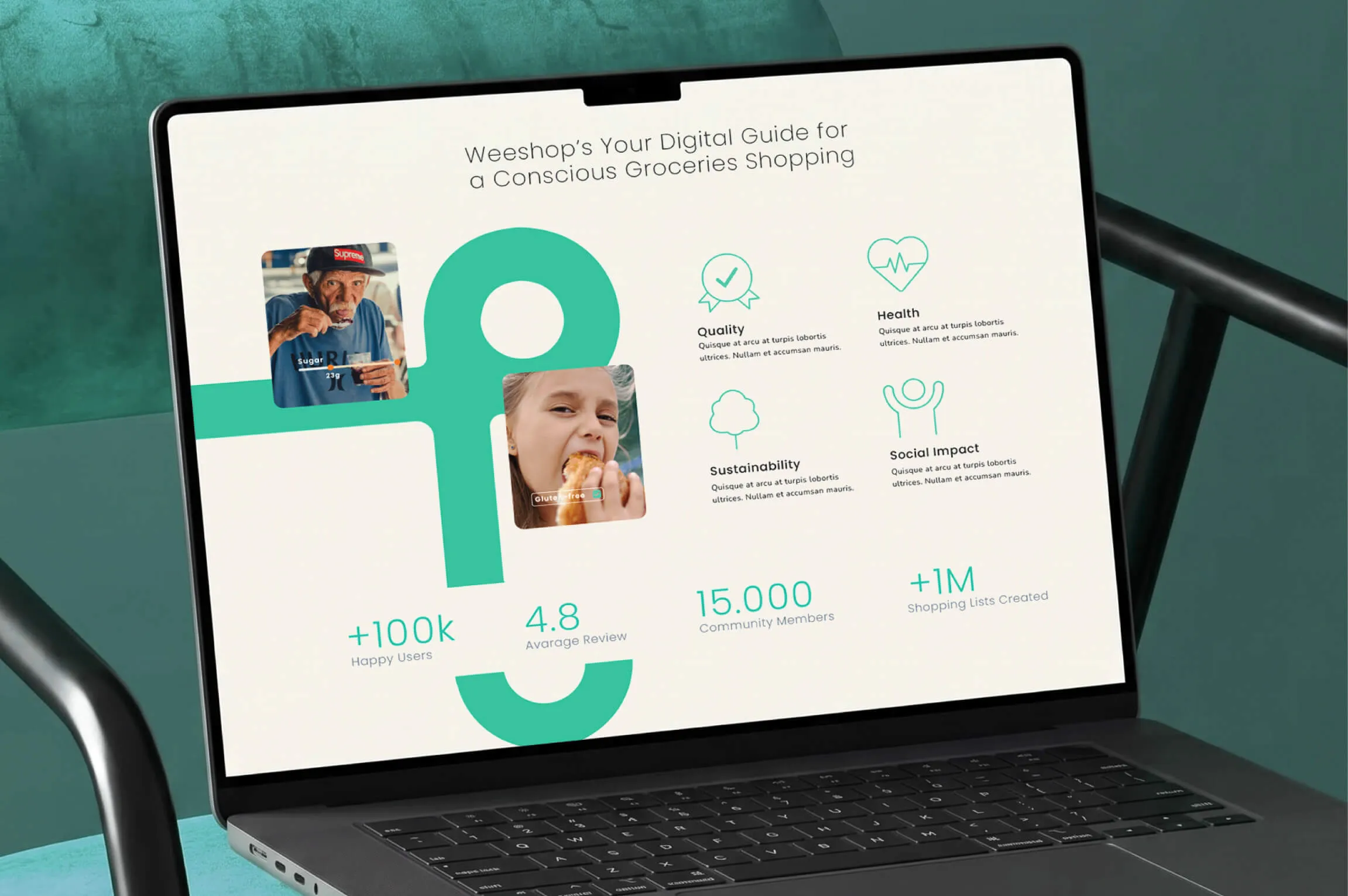 Laptop screen showing Weeshop's digital guide for conscious groceries shopping highlighting quality, health, sustainability, and social impact benefits with icons and statistics including 100k+ happy users, 4.8 average review, 15,000 community members, and over 1 million shopping lists created, along with images of people eating healthy food.