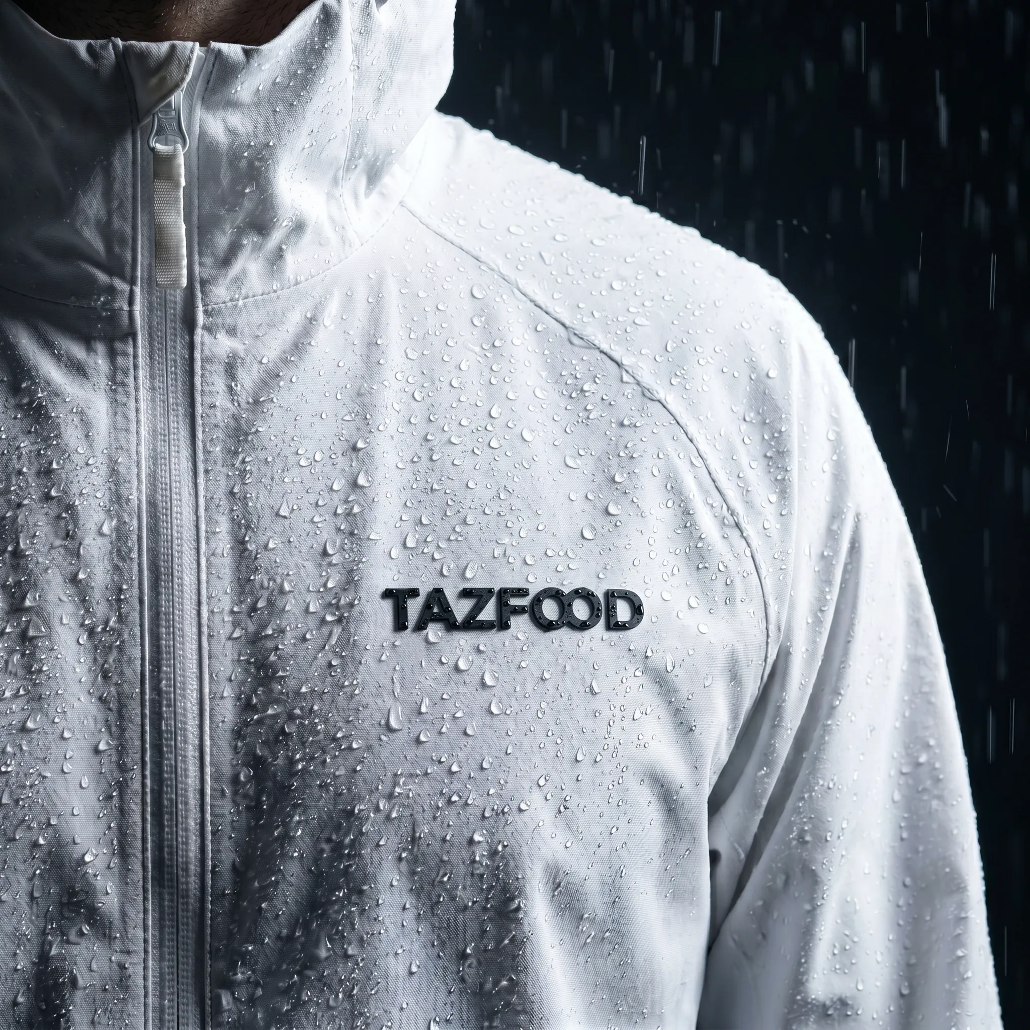 Close-up of a person wearing a white waterproof jacket with water droplets on it and the word 'TAZFOOD' printed on the chest, against a dark background with visible raindrops.
